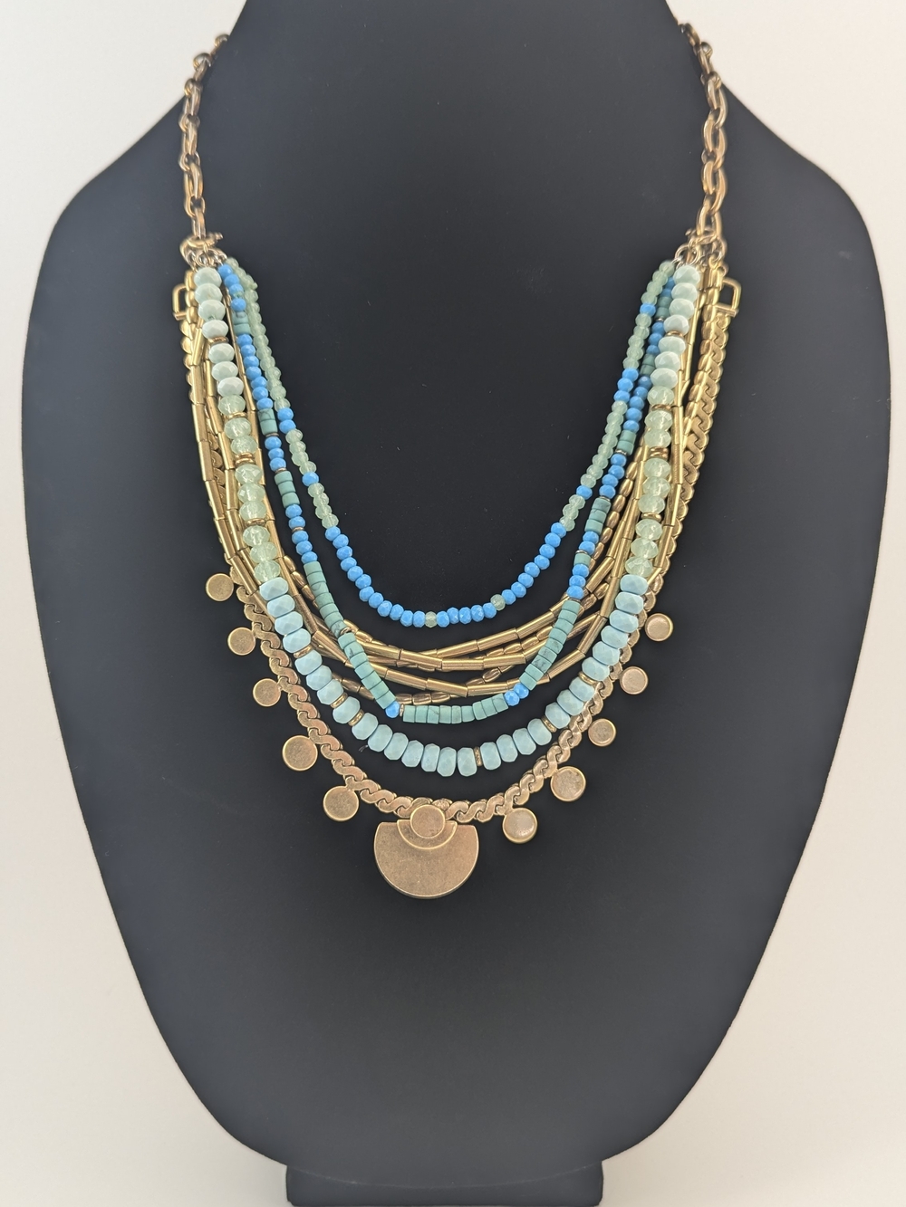 Stella & Dot Turquoise and Aqua Tone Multi-Strand Necklace with Gold Accents